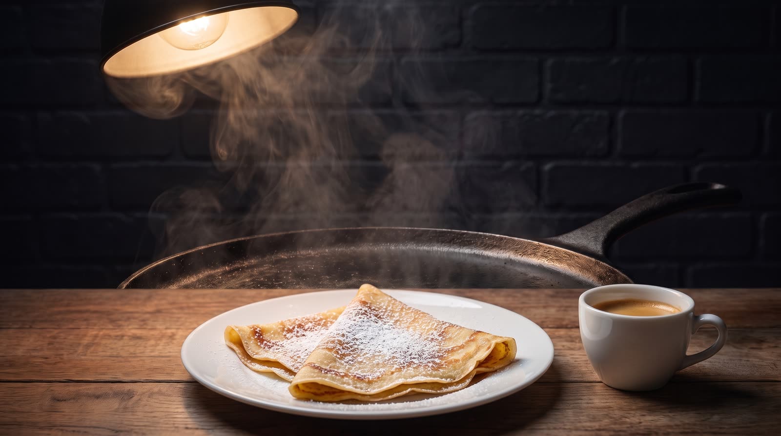 Un crepe plegado en un plato blanco junto a una taza de café.