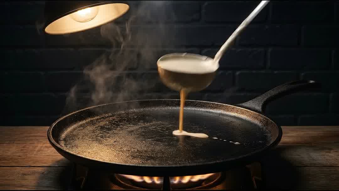 La plancha de crepes vacía y caliente bajo la lámpara.