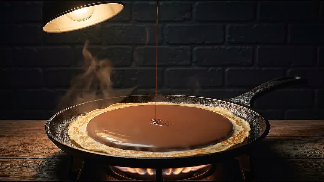 Chocolate cayendo sobre un crepe recién hecho en la plancha.