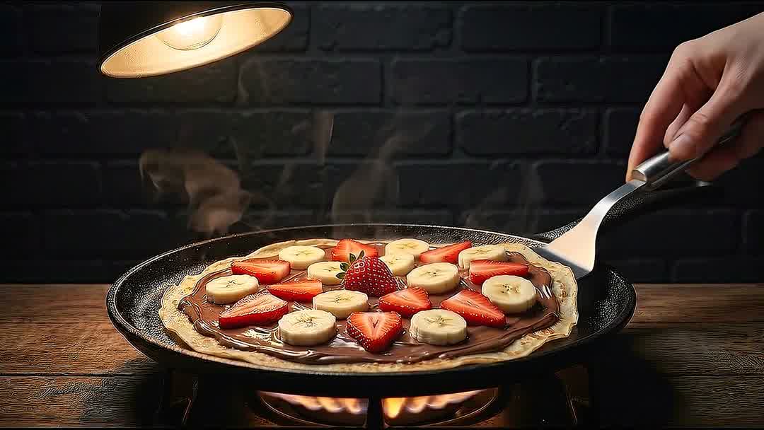 Un crepe con fresas y plátano terminándose en la plancha.